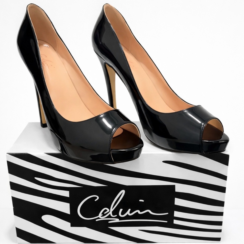 Black Patent Leather Peep Toe Pumps Stiletto Heels Size 9.5